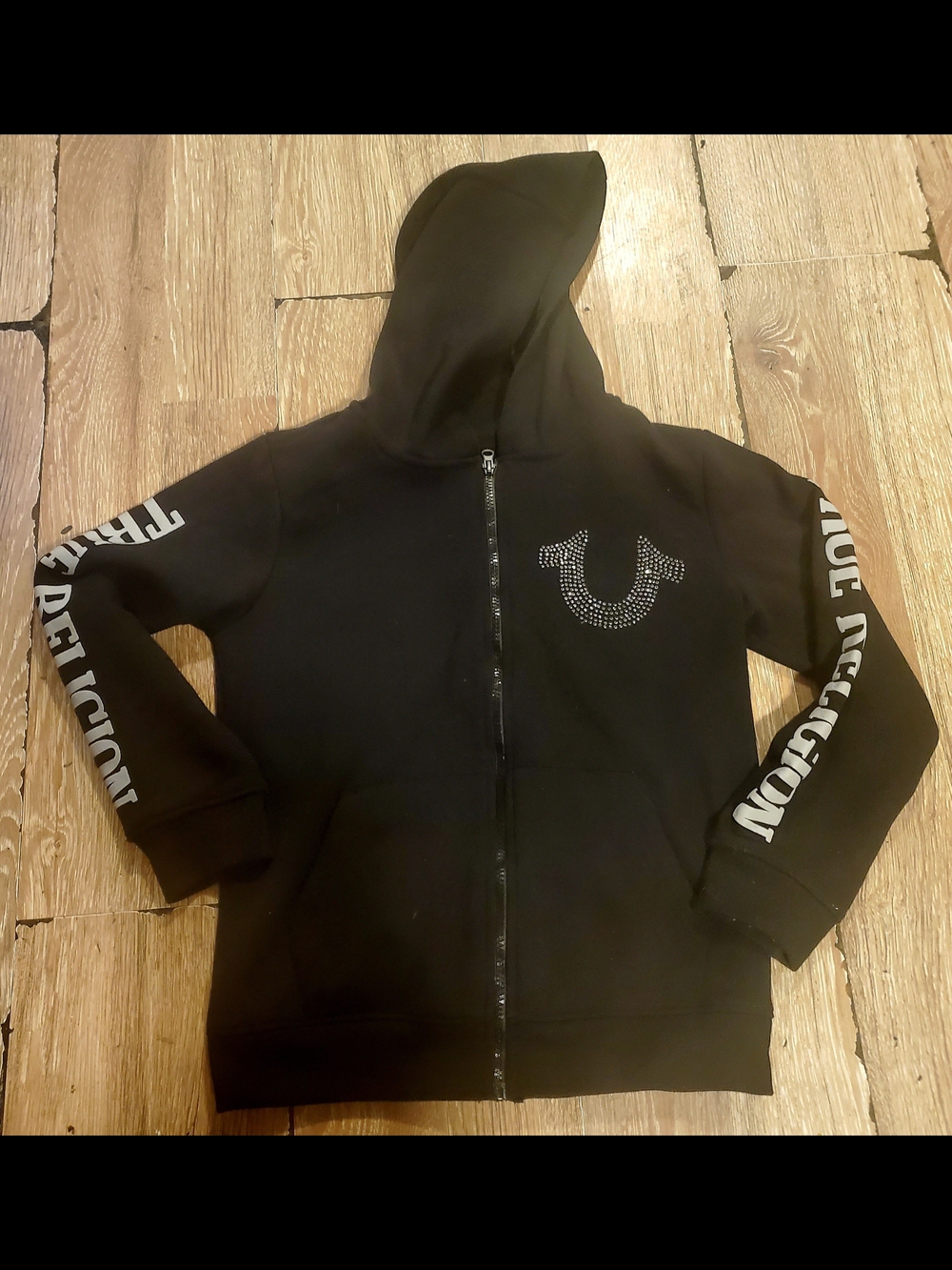 Unisex True Religion Black Rhinestone Horseshoe Zip Hoodie